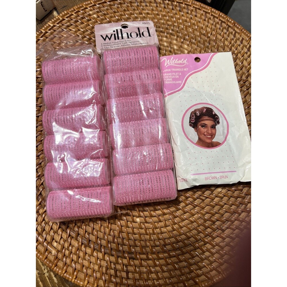 Vintage Wil-hold Instant  Pink Rollers Medium Sz (12)  Rollers With Triangle Net